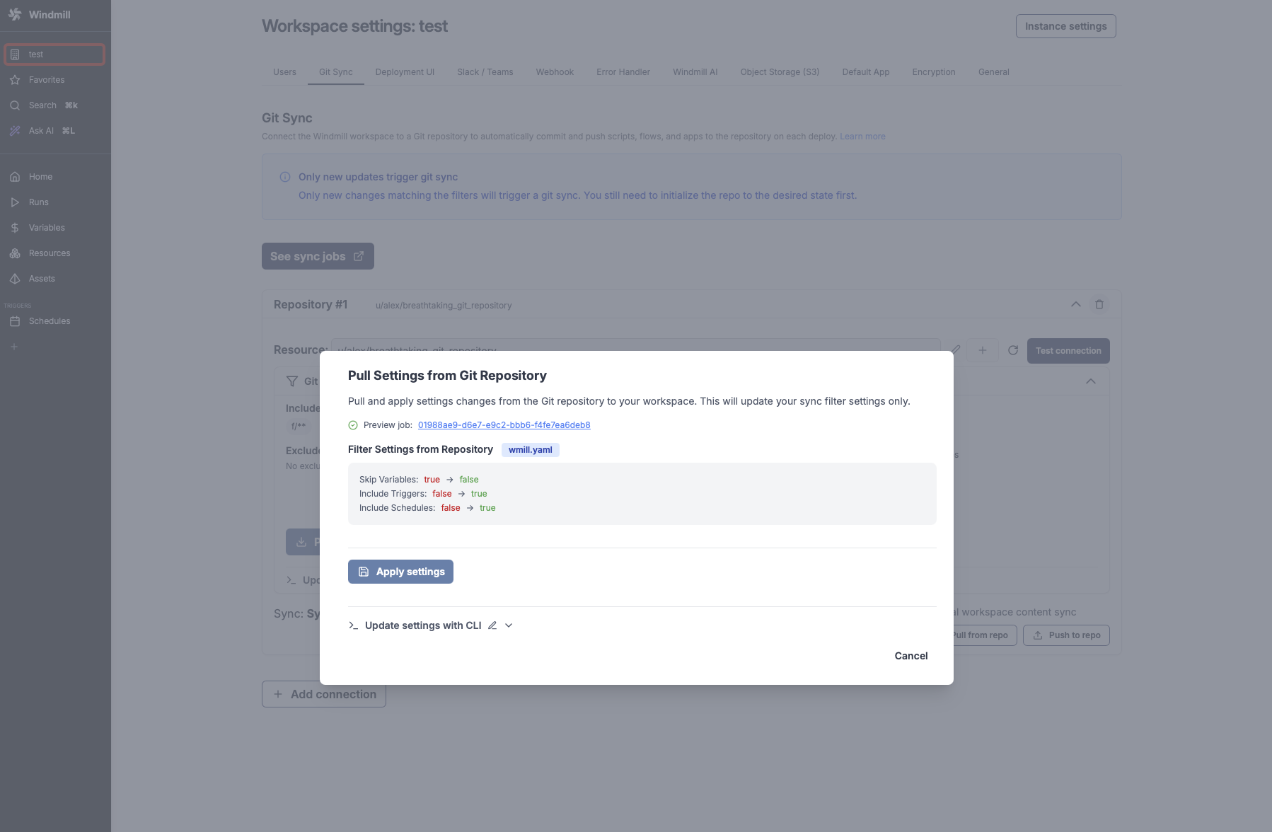 Git sync Settings Pull Git sync Settings